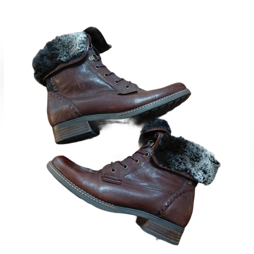 Gabor Leather Ankle Boots Size 6.5 Dark Brown Fur Lined Booties